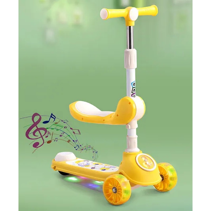 2 in 1 Kids 3 Wheel Kick Scooter – Yellow| Foldable Seat with LED| 3 Level Adjustable Handle| Foldable Design| Toy for 3 to 10 Yrs Boys & Girls| Sport Gift| Physical Activity| Wide Deck| Lean-to-Steer