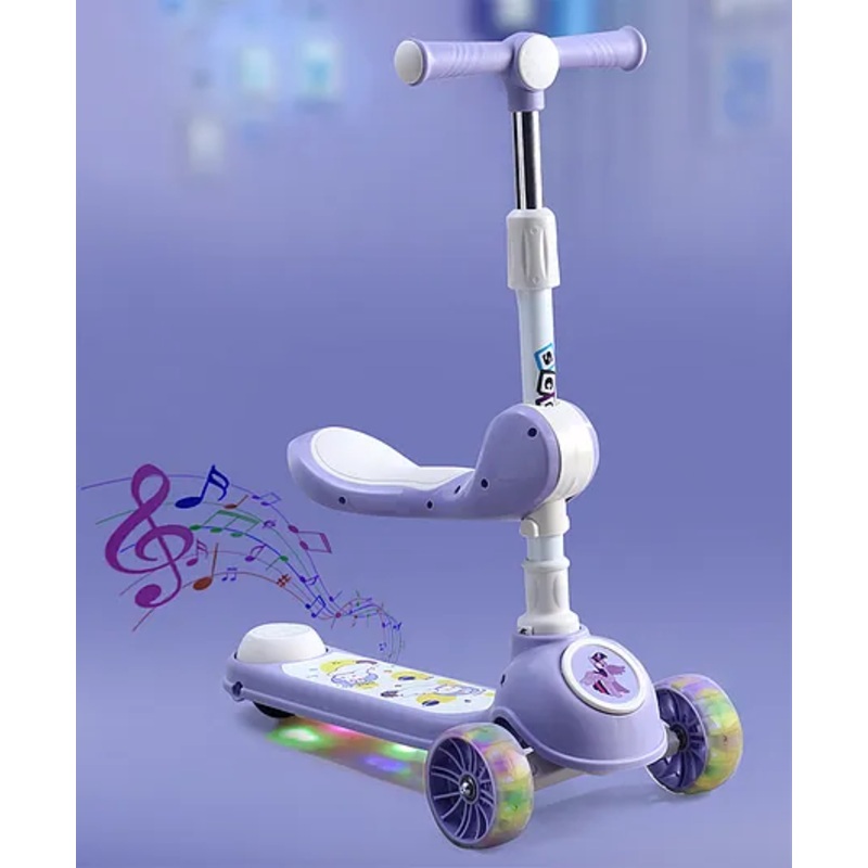 2 in 1 Kids 3 Wheel Kick Scooter – Purple| Foldable Seat with LED| 3 Level Adjustable Handle| Foldable Design| Toy for 3 to 10 Yrs Boys & Girls| Sport Gift| Physical Activity| Wide Deck| Lean-to-Steer