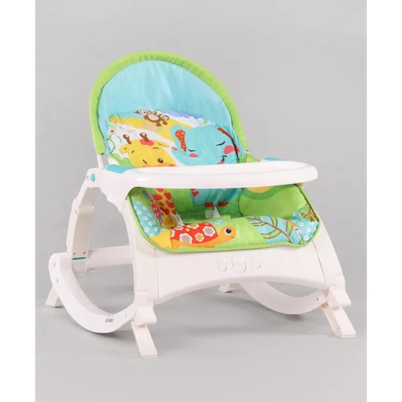 2 in 1 Baby Bouncer Newborn to Toddler Rocker Cum Reclining Chair with Removable Tray & Soothing Vibrations and Music – Green| Safety Harness| Compact Fold